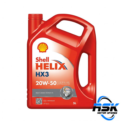 Shell Helix HX3 20W-50 Engine Oil 5L (API SL/CF). Active cleansing for older engines. Fast South Africa delivery.